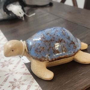 Handcrafted Blue and Tan Ceramic Turtle Figurine